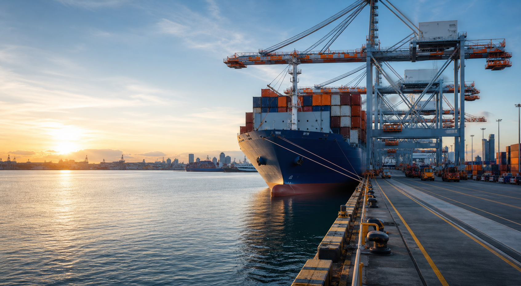 Container ship and port cranes at dawn